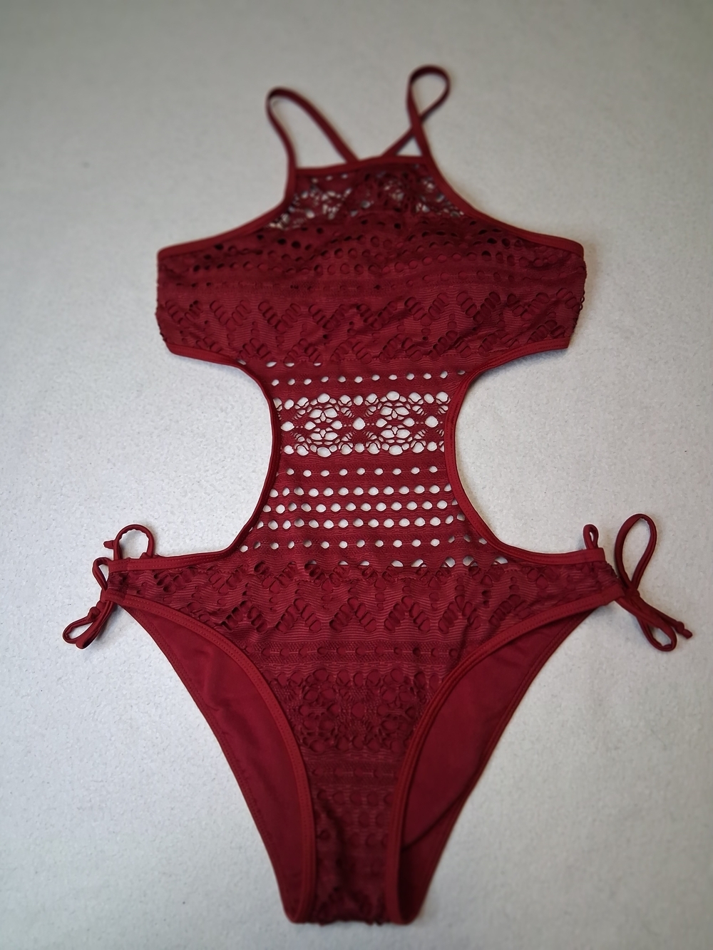 Crochet Cutout One-Piece Swimsuit - Wine Burgundy Crochet Monokini - Picture 7 of 11